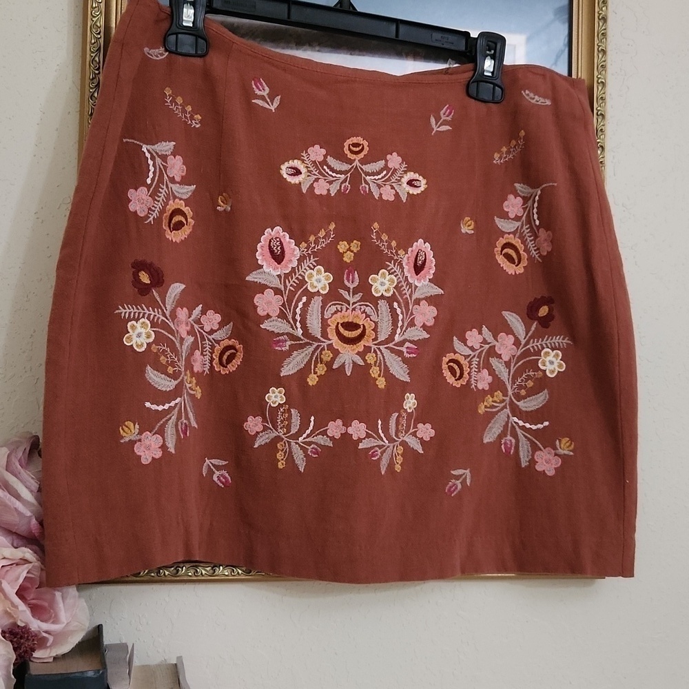 100% Linen Embroidered Floral Skirt Rust Color Concert Coachella Sexy Large